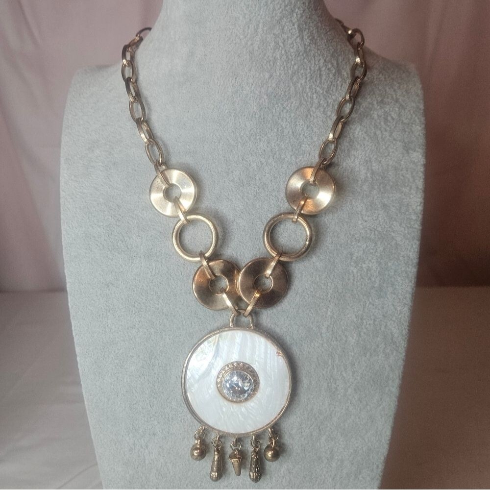 Rose Gold Tone And Mother Of Pearl Mandala Necklace 19-22" GUC